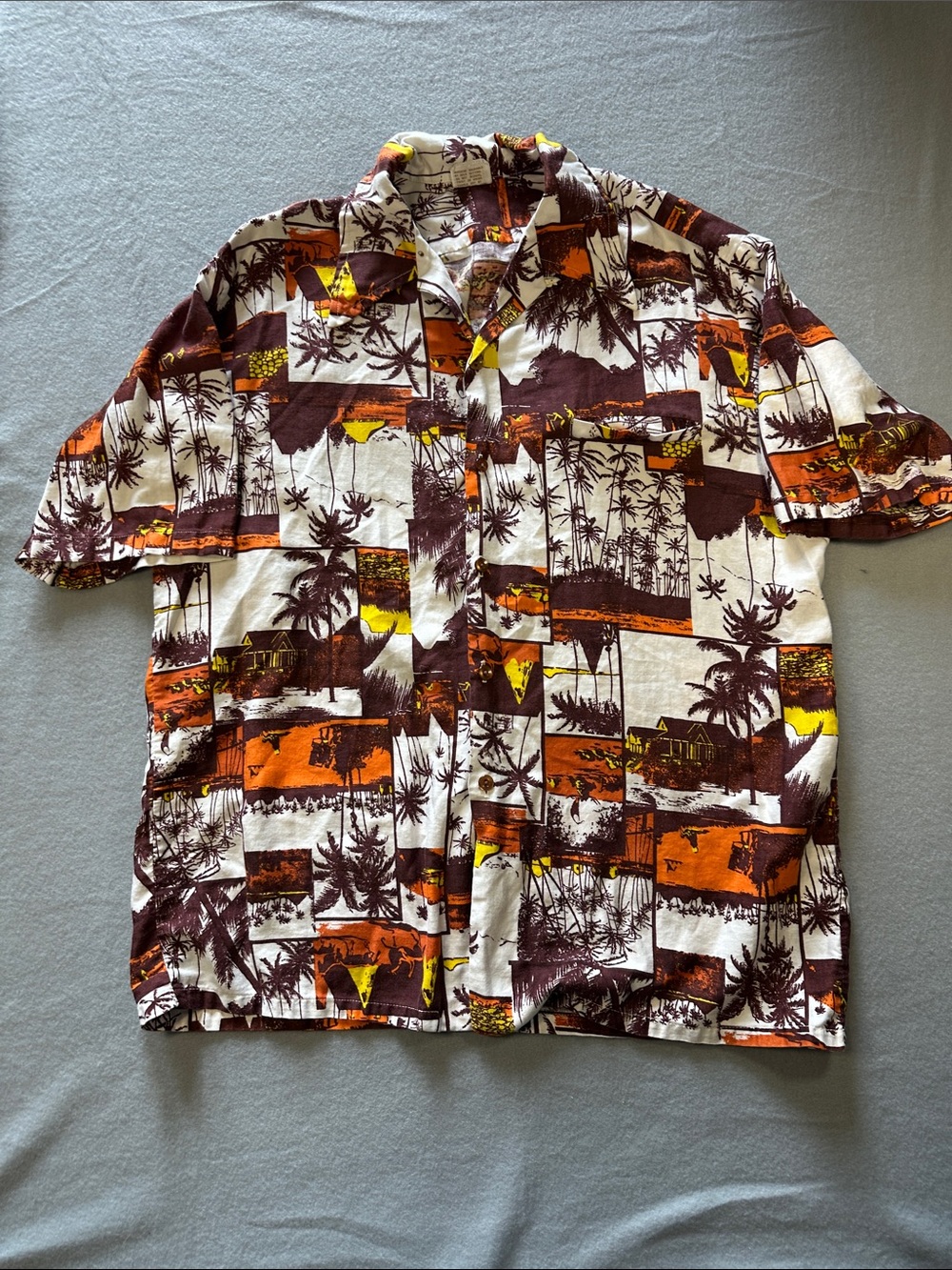 Tropical Print Short-Sleeve Button-Down Shirt in Brown & Orange